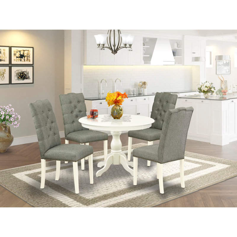 5 Piece Kitchen Table & Chairs Set Includes a Round Dining Room Table with Pedestal and 4 Gray Linen Fabric Parson Dining Chairs, Linen White