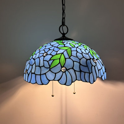 Rifiki  Tiffany Hanging Lighting Purple Stained Glass Green Leaves LED Bulbs Included 16”W*16”D*75”H