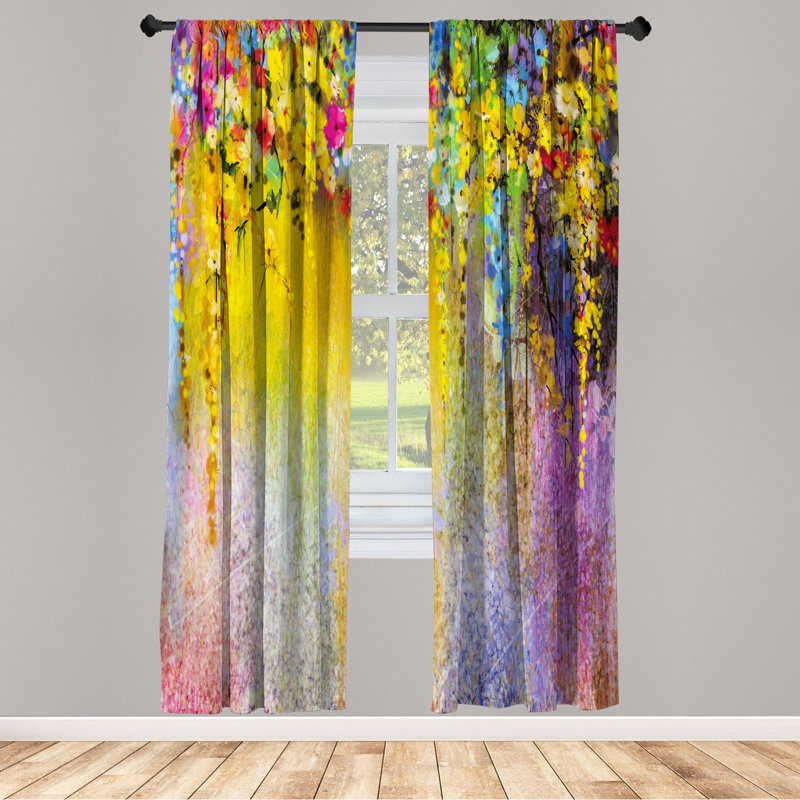Microfiber Floral Semi-Sheer Rod Pocket Curtain Panels, 28" W x 95" L, Yellow/Pink