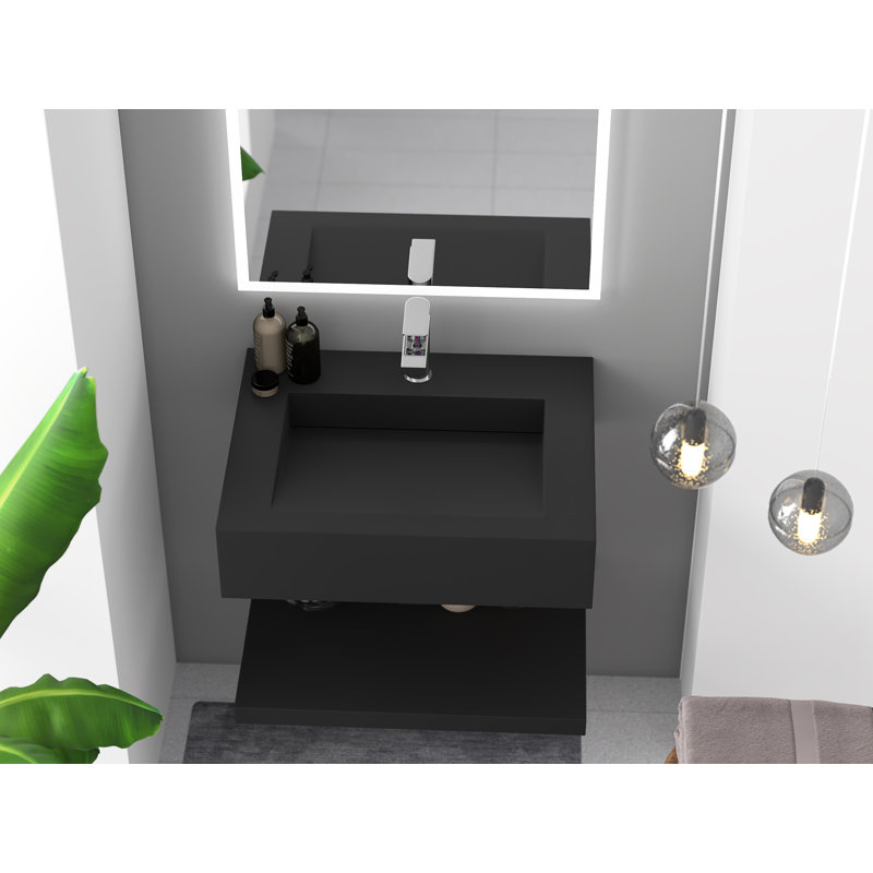 Pyramid 24" Wall-Mounted Modern Bathroom Sink with Ramp Basin - Black, With Faucet Hole, Single , Black