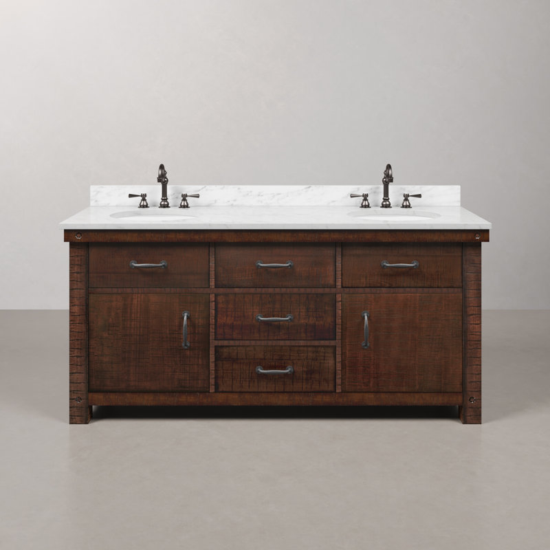 Aberdeen 72 In. Double Sink Blue Limestone Countertop Vanity In Rustic Sierra With Mirrors, Carrara White, Rostic Sienna