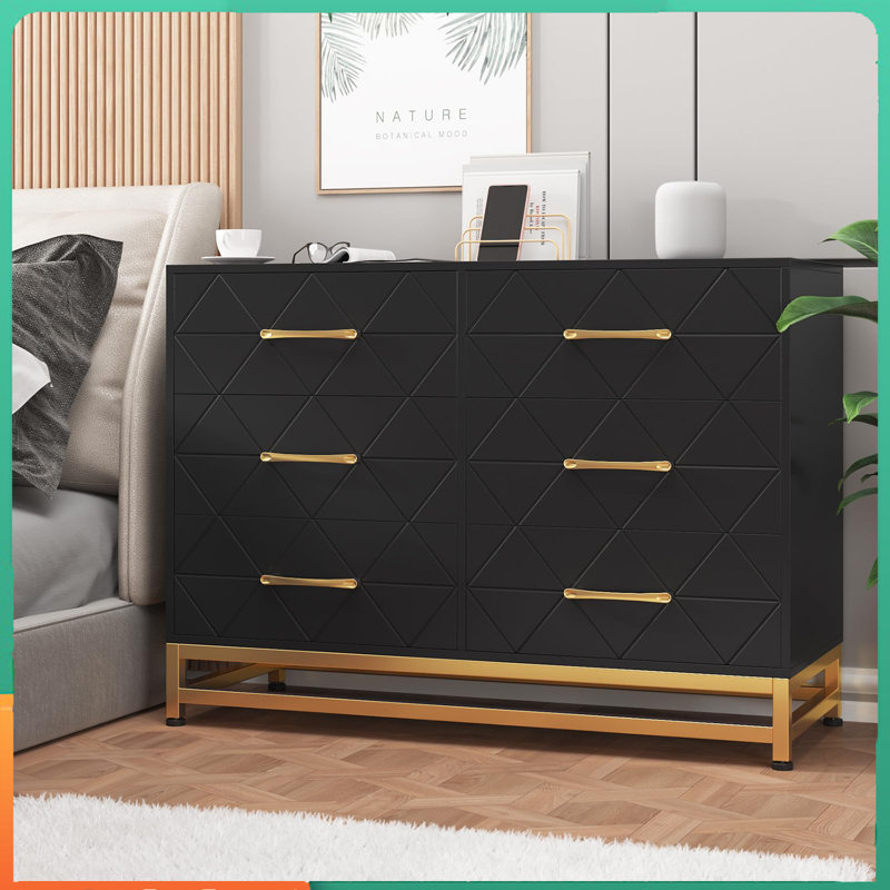 Commode 6 tiroirs en bois Morden, meuble télé, commode pour chambre à coucher, Noir