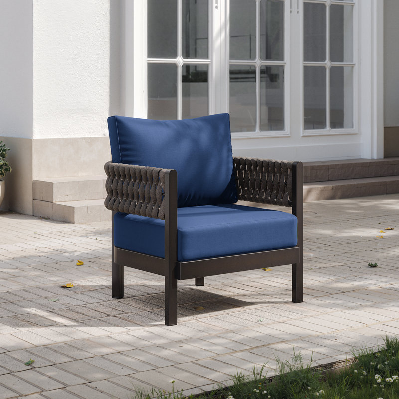 28.7" Outdoor Aluminum Lounge Chair with Thick 5.9" Cushion, Rope-Weave Armrests & Rust-Resistant Frame