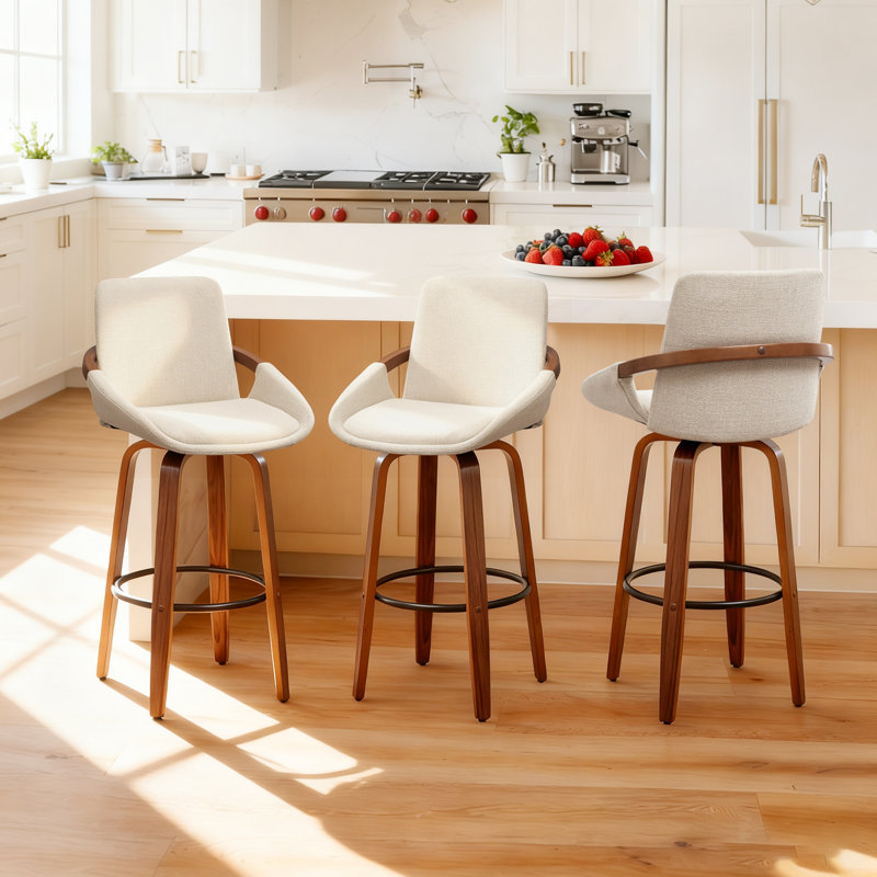 Benno 3-Piece Swivel Upholstered Counter Stool Set, Bar Stool (30” Seat Height), Beige/Linen