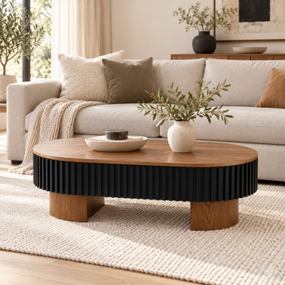 43.7" Oval Coffee Table with Hidden Storage and Removable Top, Fluted Design, Black and Brown Finish