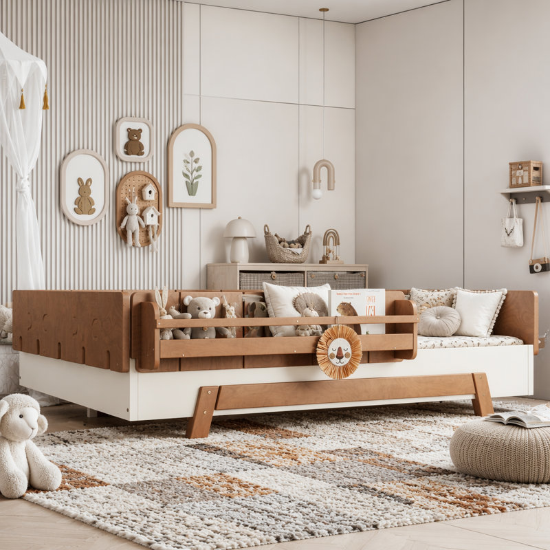 Lit double Montessori avec garde-corps et bibliothèque, Double, Beige / Naturel