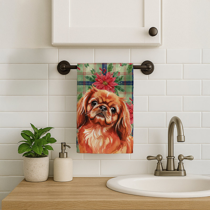 Red Pekingese Christmas PoinsettIas Kitchen Towel, Red Pekingese