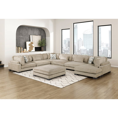 Brown Contemporary 7-Piece Modular Sectional Large Plush Comfortable Pillows Upholstered Solid Wood Living Room Furniture