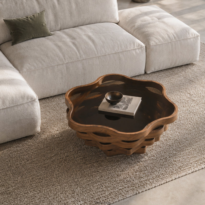 Table basse irrégulière en forme de nuage de 91,5 cm (36,02 pouces) avec plateau en verre trempé et piètement en MDF multicouche ondulé