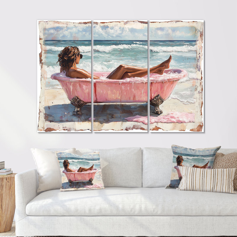 Femme dans une baignoire sur Palm Beach II - ensemble d'art mural de salle de bain, Toile tendue, H 32 po x l 48 po x P 1 po