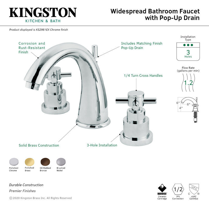 Kingston Brass Elinvar Two-Handle 3-Hole Deck Mount Widespread Bathroom Faucet with Brass Pop-Up Drain, Polished Chrome