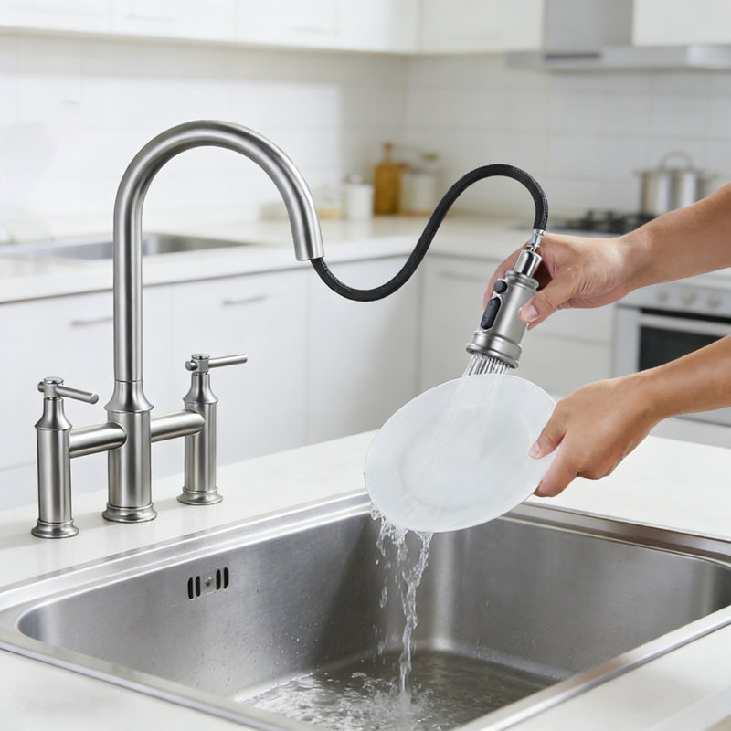 Bridge Kitchen Faucet, 3 Holes Kitchen Faucet With Pull Down Sprayer,2 Handles, 360° Swivel Spout, Brushed Nickel