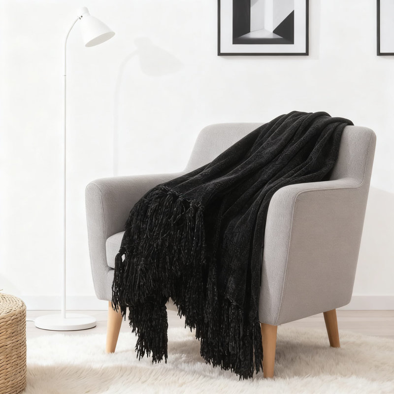 Jeté en chenille douce avec franges élégantes pour canapé, canapé et lit, décoration à la fois légère et chaleureuse, Noir