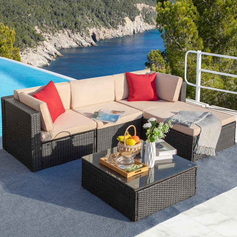 Ensemble de conversation modulaire en rotin 5 pièces avec coussins Agaran, Beige, Brun, Rouge