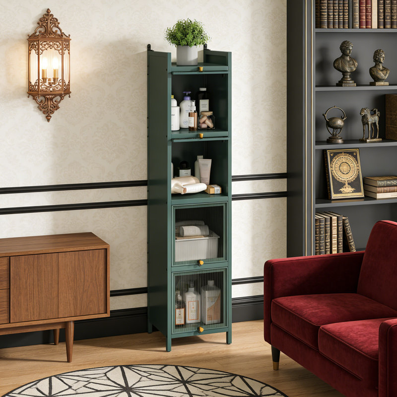 Modern Four-tier Glass Door Cabinet with Featuring Five-tier Storage, for Entryway Living Room Bathroom Dining Room