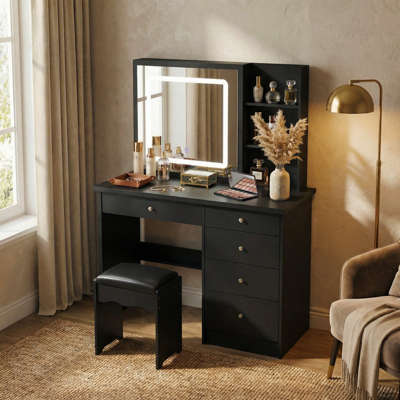Makeup Vanity Set With Sliding Mirror And Lights, Black