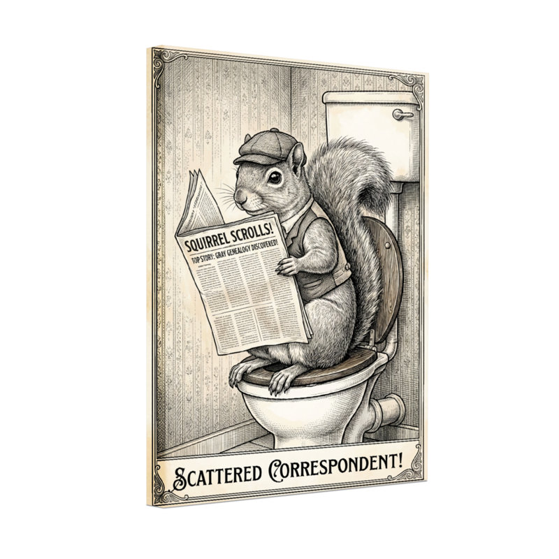 Bath & Laundry Squirrel lisant un journal sur une toilette, Toile tendue, Ne s’applique pas, H 24 po x l 16 po