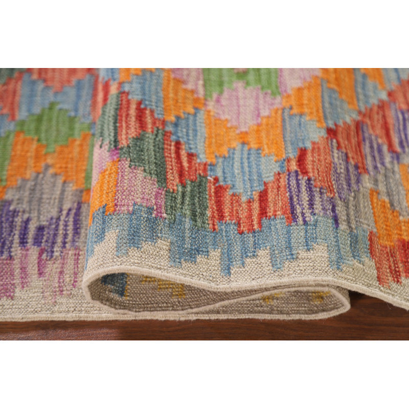 Geometric Kilim Reversible Wool Runner Rug 2x7