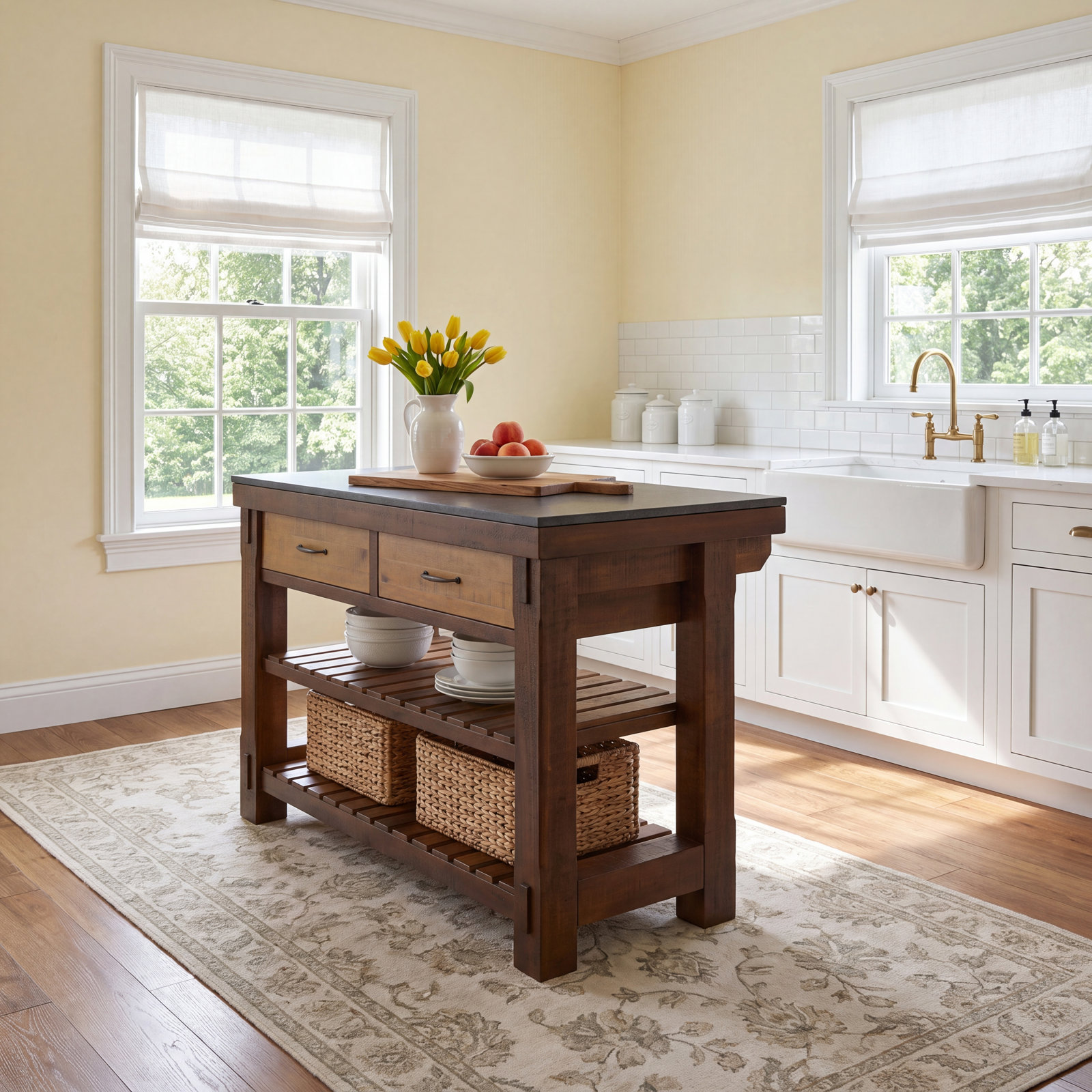 Quartz Top Kitchen Island, Brown / Veined Black