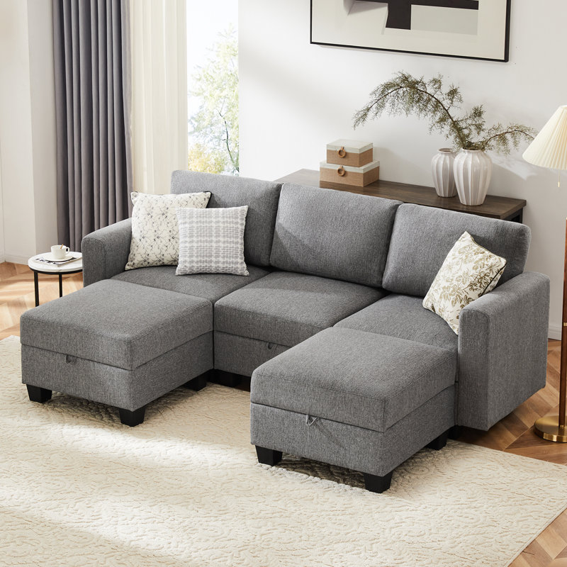 Canapé modulaire rembourré 5 pièces Ilyes, Lin gris