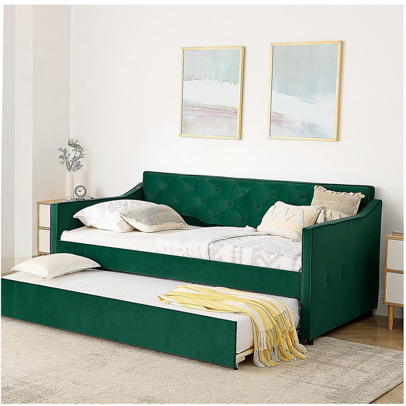Lit de jour simple rembourré avec lit gigogne escamotable simple et conception de chargement USB, Vert