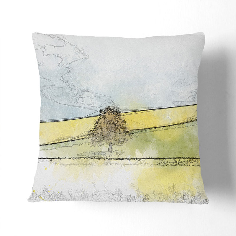 Lone Tree in Meadow Sketch Cushion with Filling, Black, 55cm H x 55cm W x 20cm D