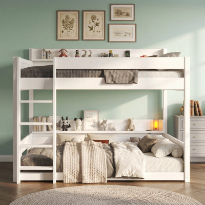 Queen Over Queen Bunk Bed Kids Bed With Storage Shelves And USB Ports,  Pine Wood+MDF Bed Frame With Charging Station, No Box Spring Required