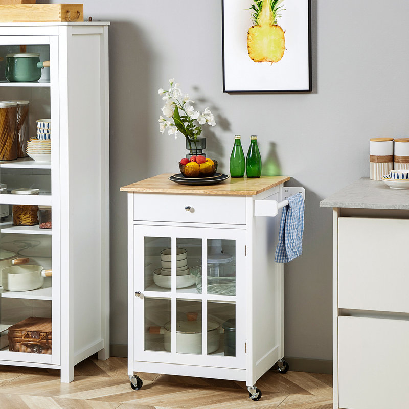 27" Rolling Kitchen Island Cart With Drawer And Glass Door Cabinet, Kitchen Trolley With Adjustable Shelf And Towel Rack