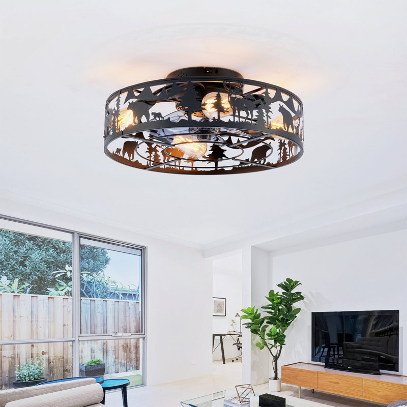 20" Caged Ceiling Fans With Remote, Bladeless Ceiling Fan 6 Speed Reversible With  Remote Control,Flush Mount Caged Ceiling Fan For Bedroom, Living Room--Not Included Bulbs--Matte Black
