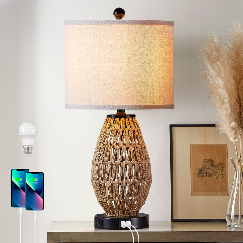 22.5" Natural Rattan Bedside Table Lamp with Dual USB Ports and Bulb, 22.5" H x 11" W x 11" D, Geometric