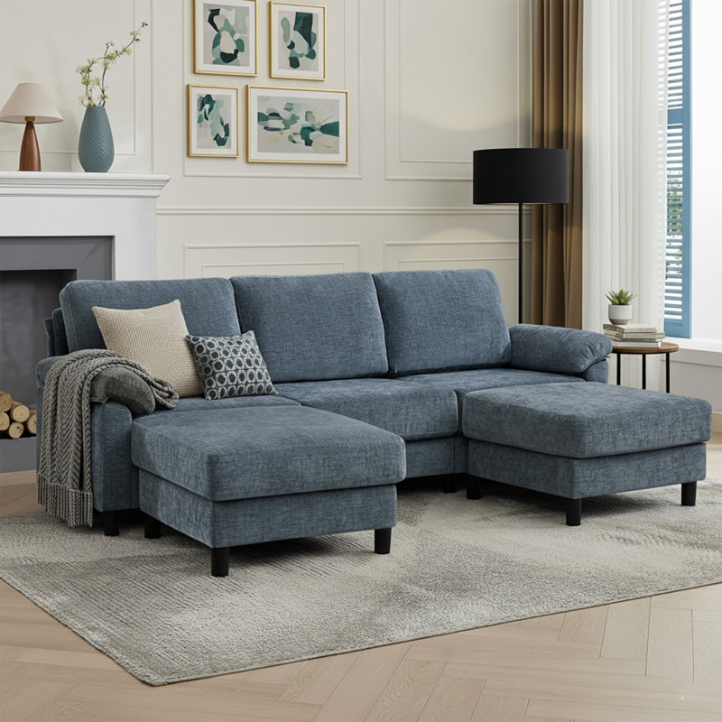 90" Comfy Modern U-Shaped Sectional Sofa with Two Ottomans, Blue