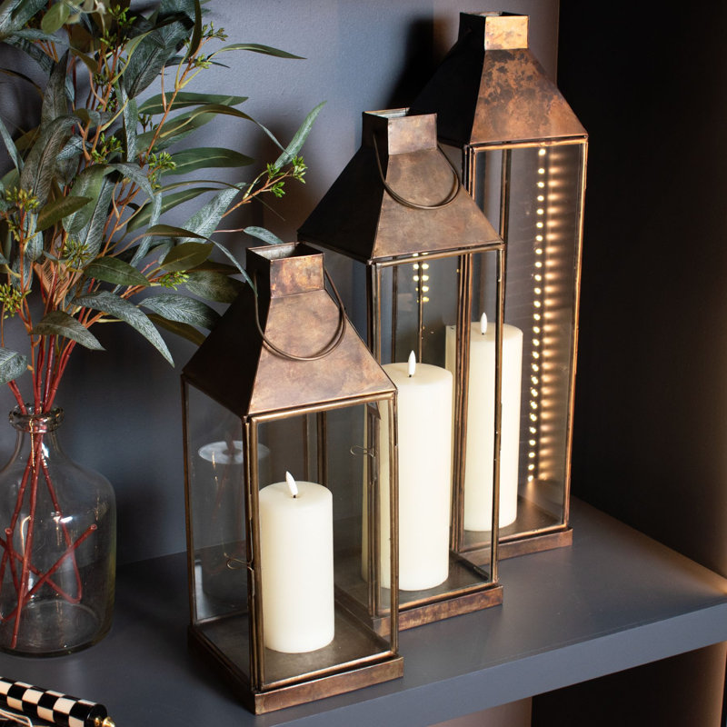 Glass Tabletop Lantern, Brass, 41cm H x 15cm W x 15cm D