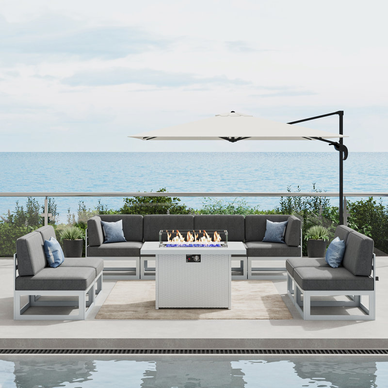  9 Pieces Modern Aluminum Patio Furniture Set With Fire Table, Outdoor Modular Sectional Conversation Set L-shaped Sofa For Backyard