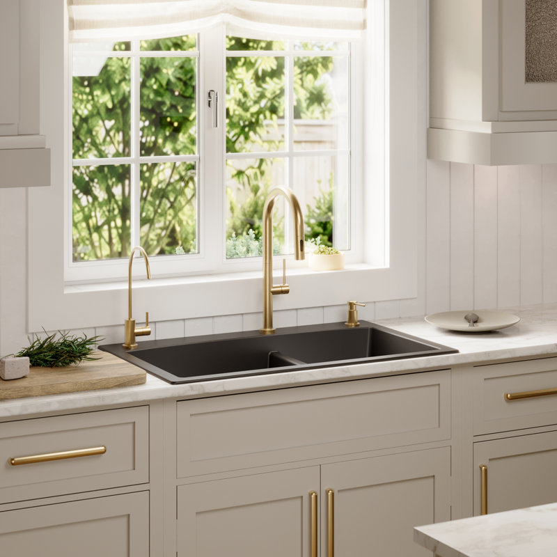 Ensemble d'évier de cuisine à double cuve à montage sur le dessus 60/40 Karran Quartz 33 "X 22", Noir