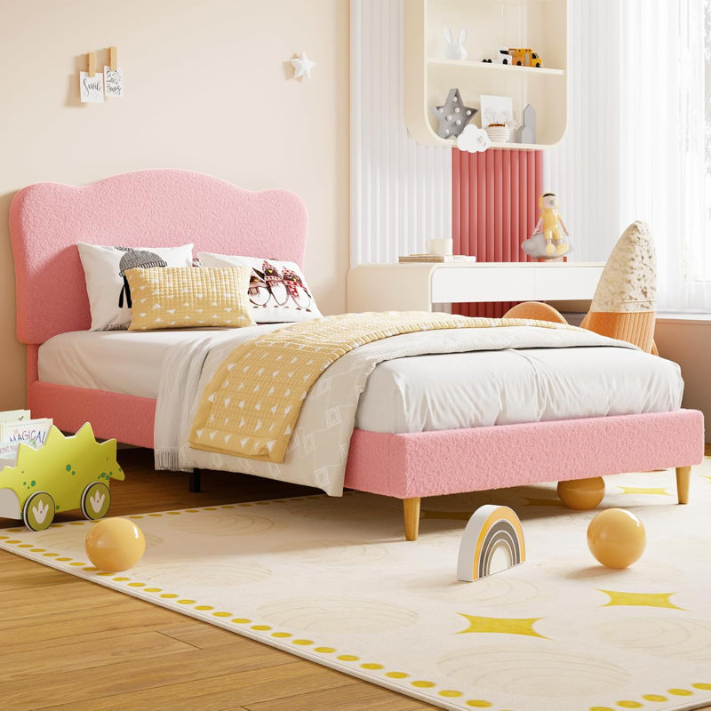 Bed with Scallop Headboard, Upholstered Bed Frame for Kids, Velvet Princess Platform Bed for Girls, Solid Wood Slats Support