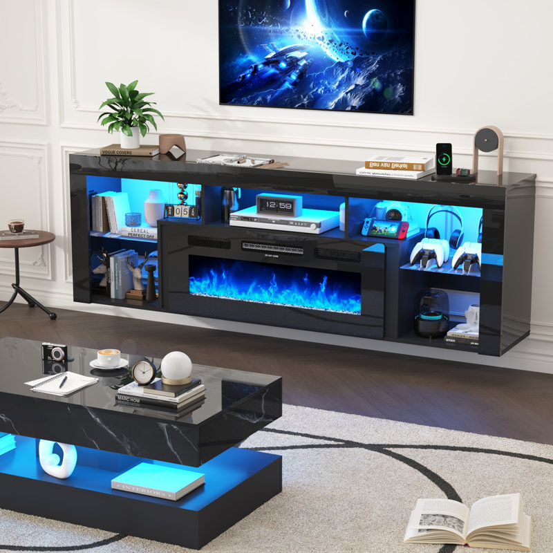 71" Floating Fireplace TV Stand For Tvs Up To 85" With Charging Stations, LED Light Strip, High Gloss, Black