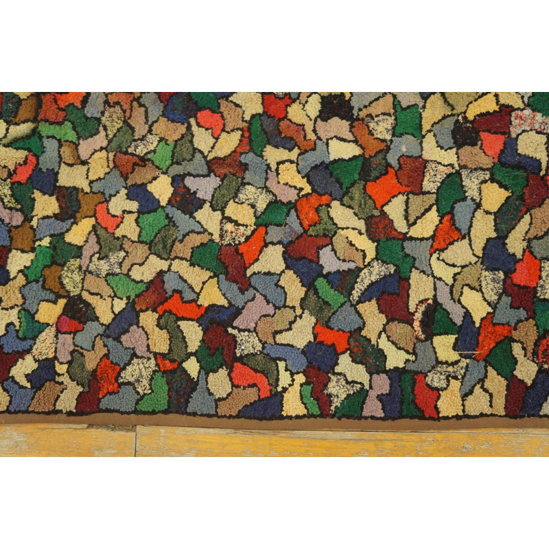 Colorful Antique Square American Folk Art Crazy Quilt Pattern Hooked Rug