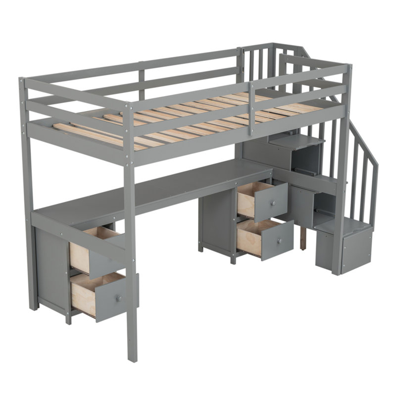 Structure de lit mezzanine avec bureau intégré et doubles tiroirs de rangement, gris