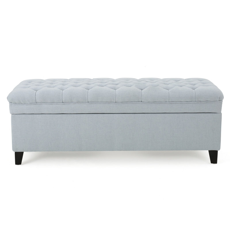 Rhya Storage Ottoman Bench, Light Blue Fabric, Black Wood, 50 Inch, Light Blue