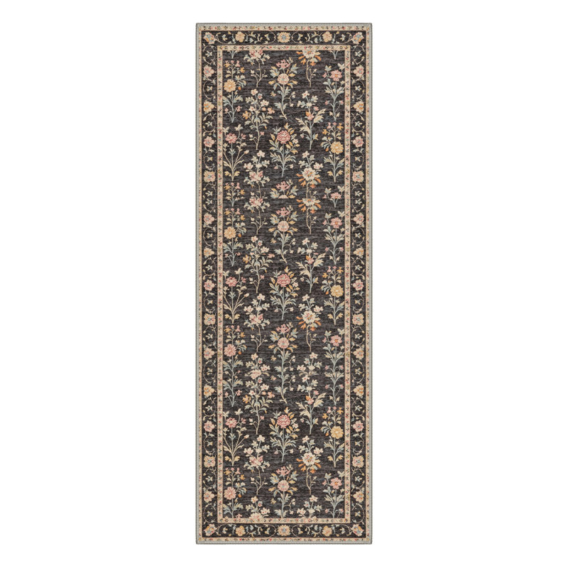 Floral Machine Washable Black/Tan Indoor Area Rug With Non-Slip Backing, Runner 2'3" x 6'