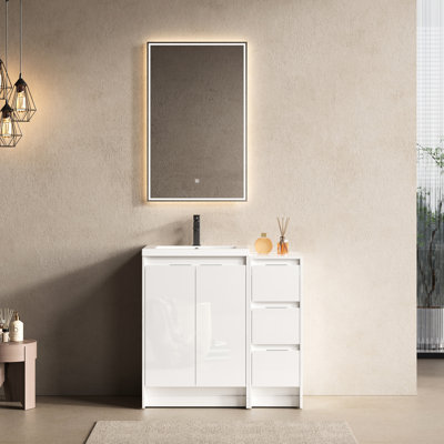 Meuble-lavabo autoportant de 36 po avec lavabo en résine, 1 armoire, capacité de fermeture en douceur, blanc brillant, matériau de fabrication en contreplaqué, configuration moderne, espace de rangement supplémentaire, ouverture de porte lisse, grattoir et