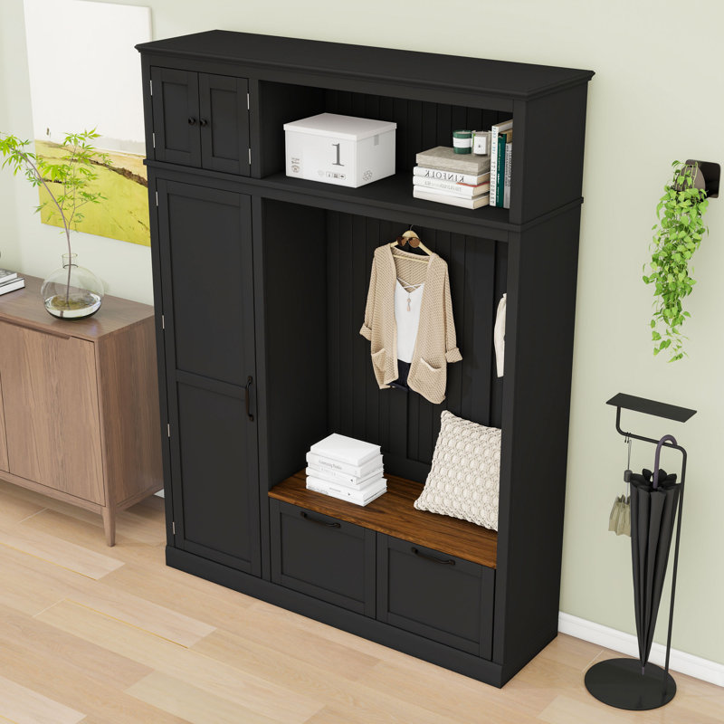 3-in-1 Hall Tree with 2 Drawers, Adjustable Shelves and 4 Hooks, Black