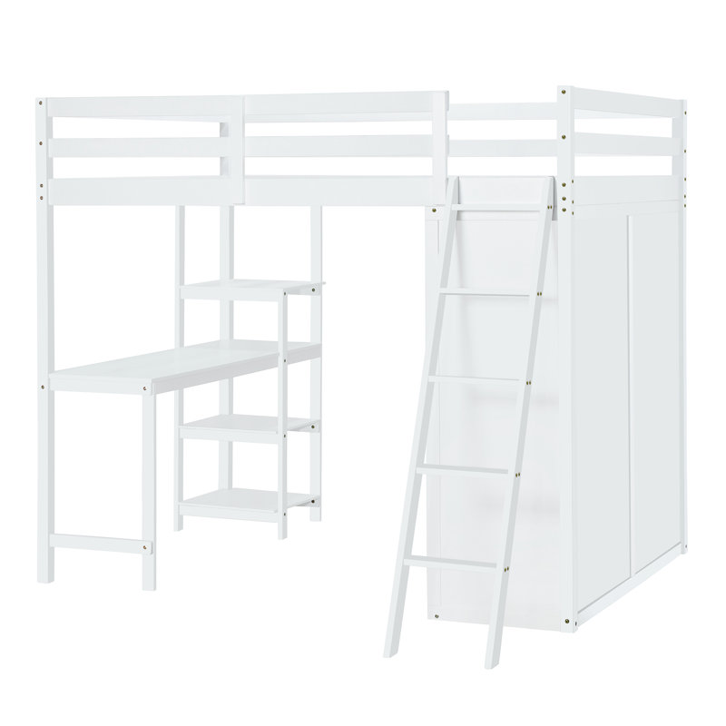 Lit mezzanine double avec garde-robe, bureau et tablettes, blanc, Blanc