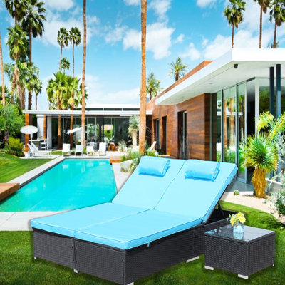 Outdoor Poolside Recliner Chair - 3 Lounge Chair, Cushioned Chaise, Glass Coffee Table, Blue For Relaxation Garden Patio Reclining Lounge, Relax