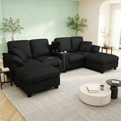 Canapé modulaire en U avec repose-pieds, porte-gobelets et ports USB