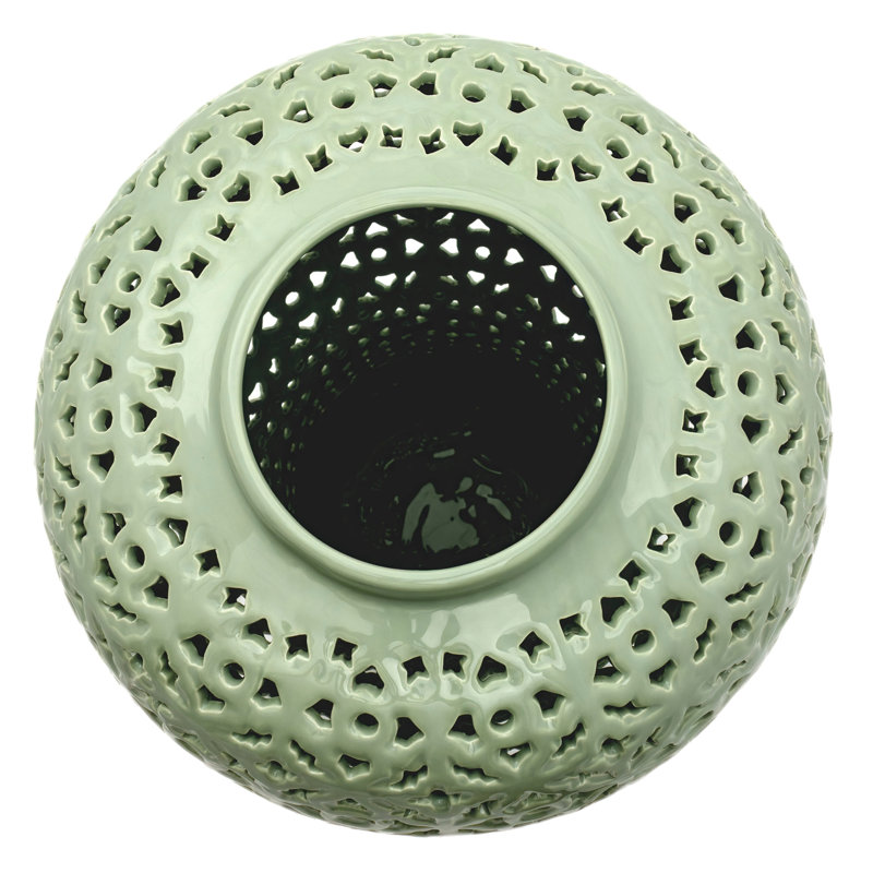 25" Carved Temple Jar - Celadon, Green
