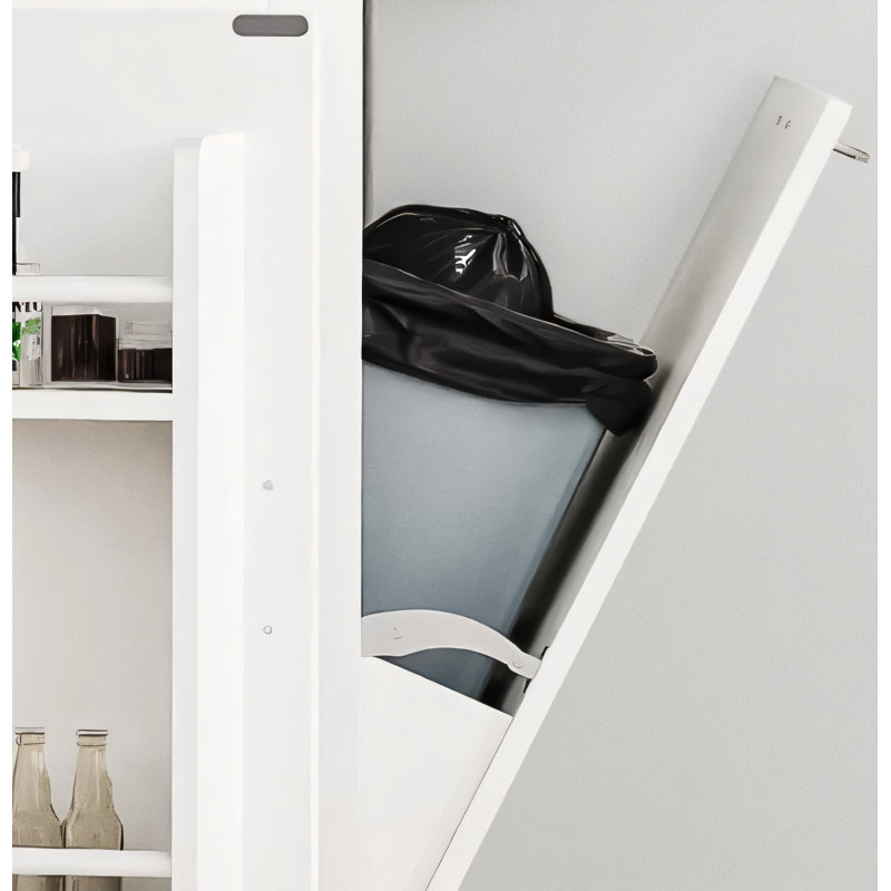 The Kitchen Island With Slots Is A 5-Wheel Rolling Unit And Includes Trash Can Storage, Electrical Outlets, Interior Storage Shelves, 3 Drawers, And 3 Open Side Shelves That Accommodate 10-Gallon Trash Cans.