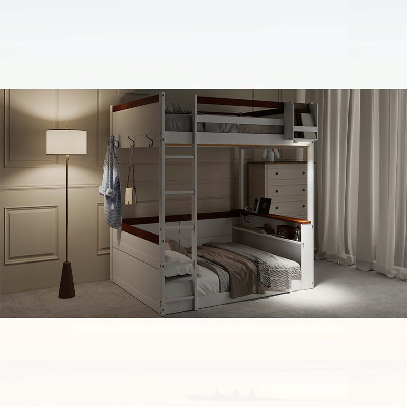 Grand lit superposé en bois avec tablettes intégrées, boîte de rangement, lumière DEL et station de charge USB, blanc, Blanc