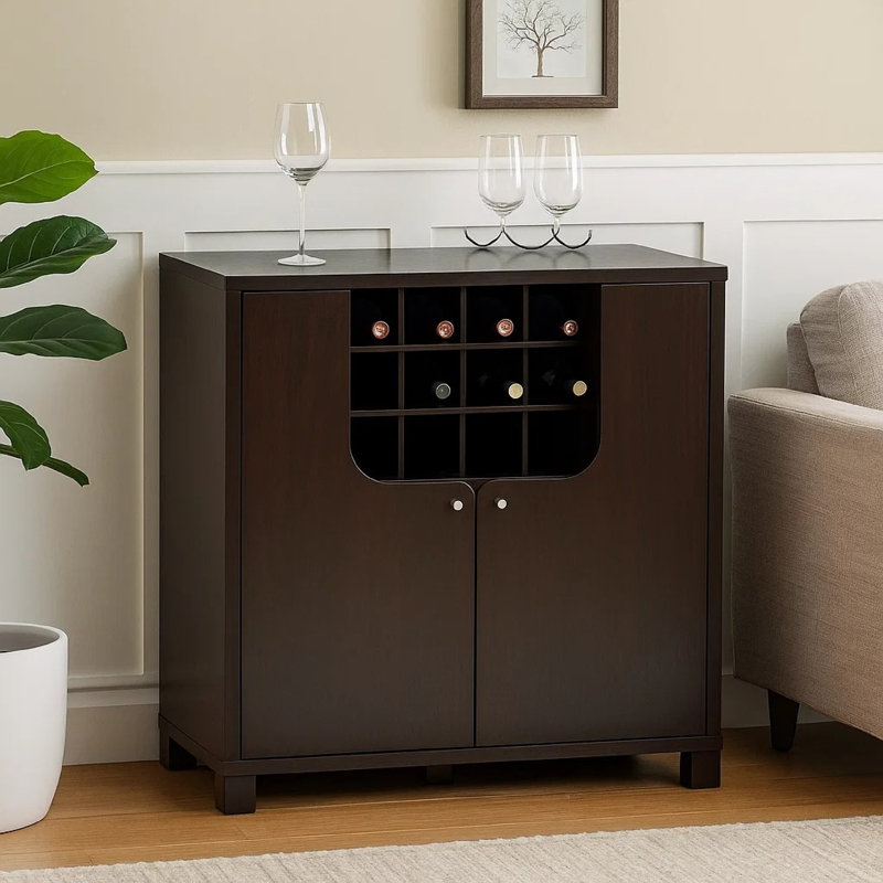 Armoire à vin, support à vin pour 12 bouteilles, 6 cintres en verre, brun cacao