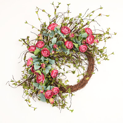 26" Artificial Rustic Spring Summer Twig Greenery Leaf Rose Floral Wreath for Front Door Wedding Party Decor